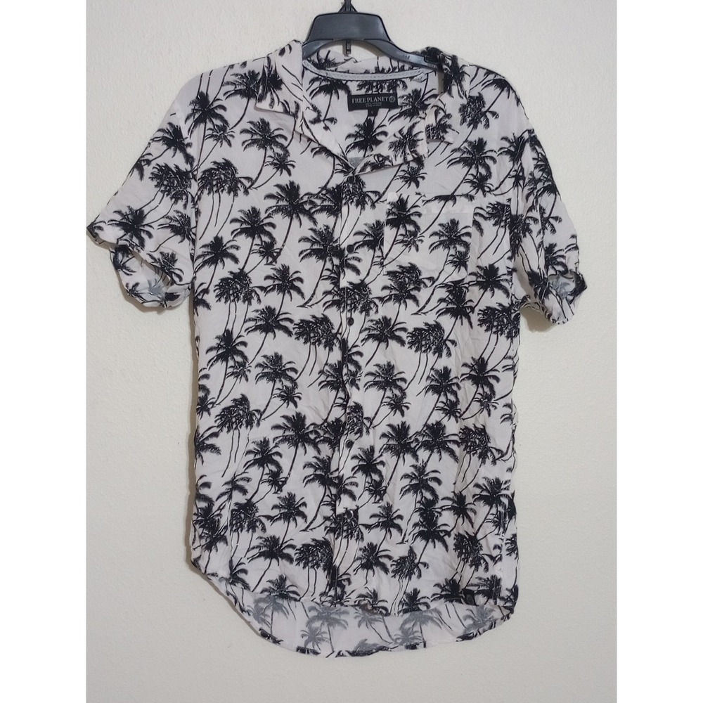Free Planet Mens Palm Tree Print Viscose Button Down Shirt White Black Large